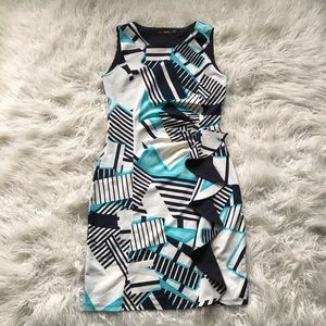 SAMSARA‎ BLUE WHITE GEOMETRIC RUCHED RUFFLE DRESS